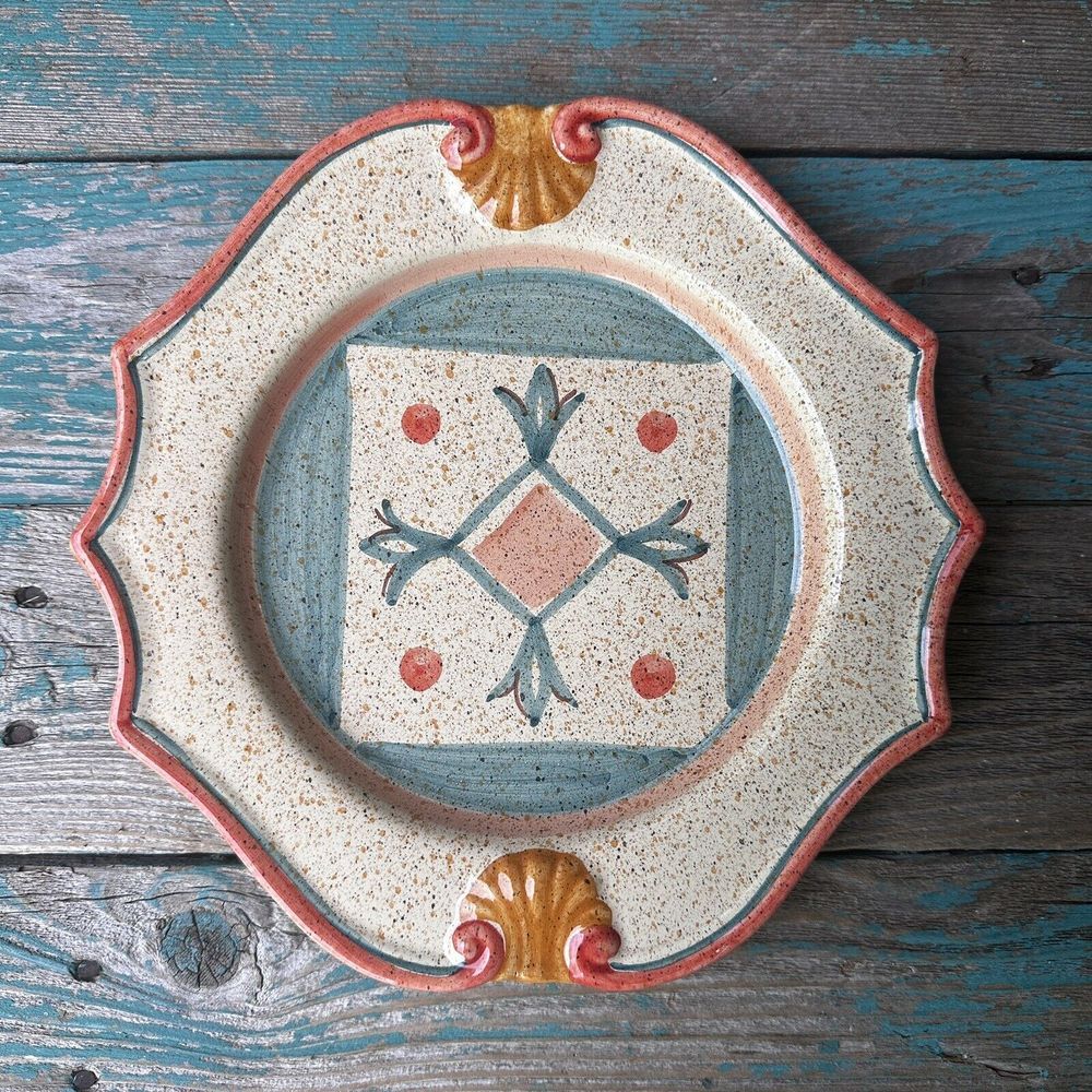 Neiman Marcus 9.5 Inch Salad Plate Hand Painted Italy Tuscany Multi Geometric‎